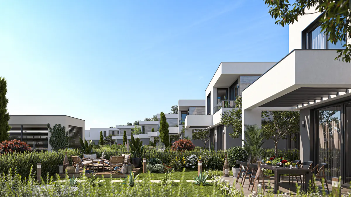 Visualisierung: Gärten mit Terrasse, Pergola und Sitzecke
