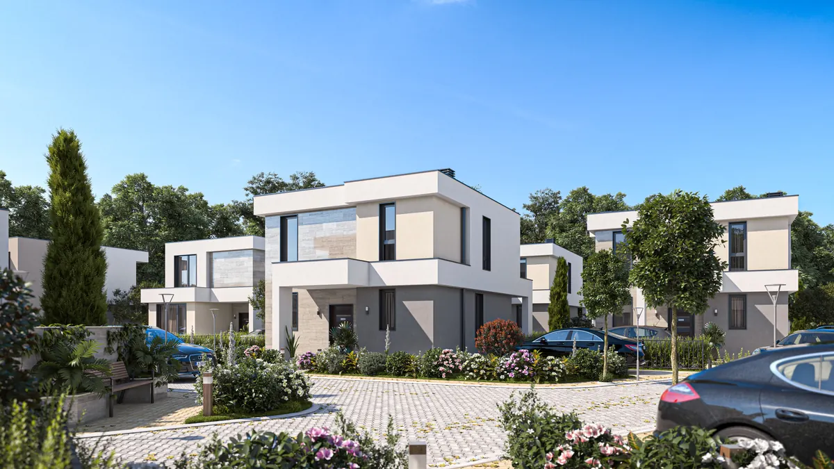 Visualisierung: Platz an der inneren Strasse mit freistehenden Villen