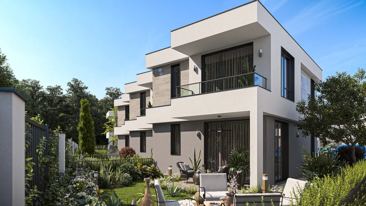 Visualisierung: Endhaus einer Häuserreihe mit Balkon und Garten