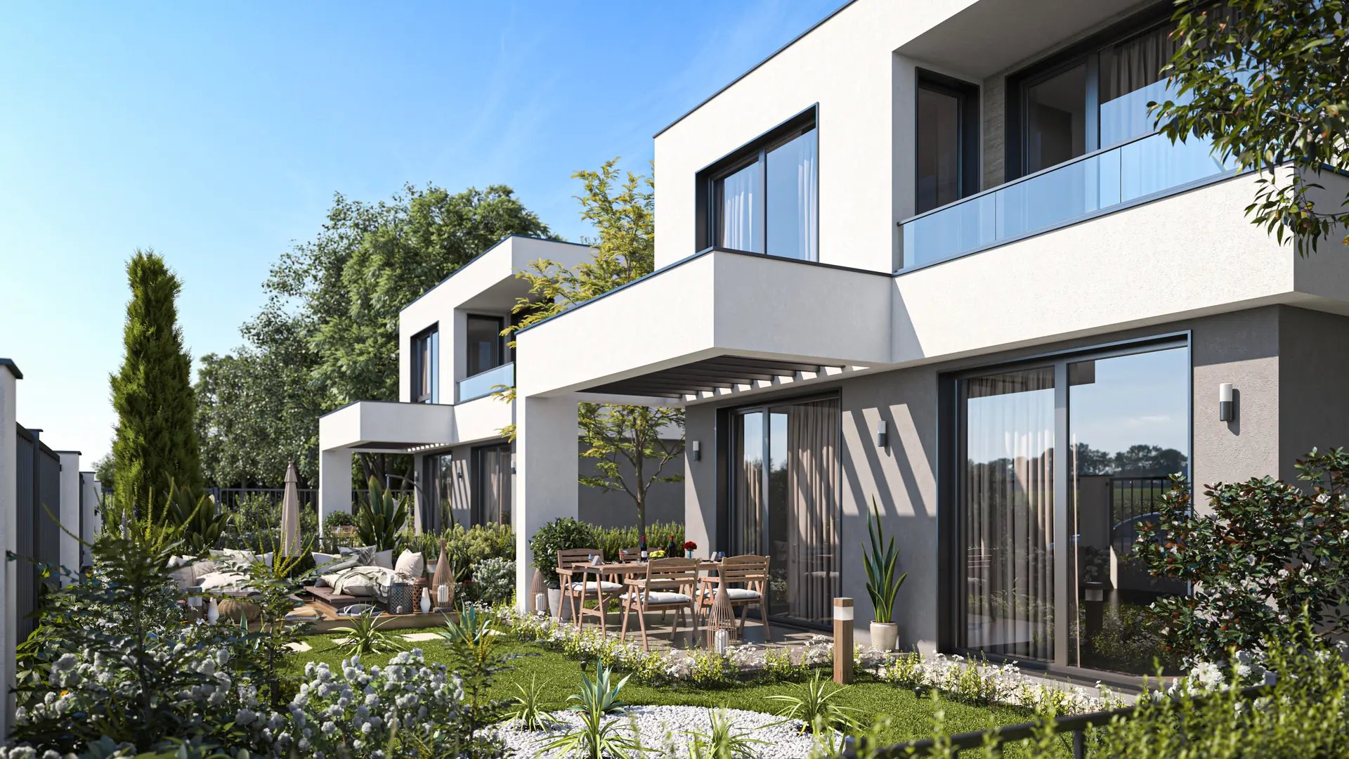 Visualisation: garden side with covered terrace and pergola