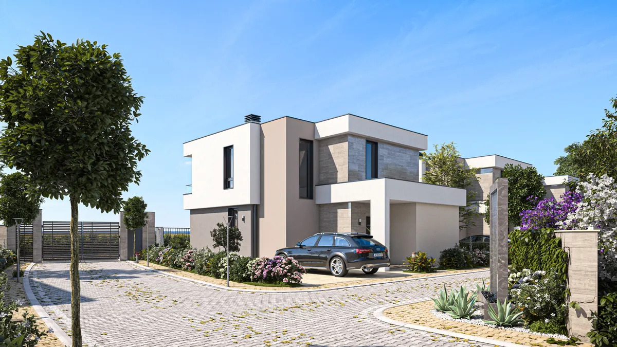 Visualisierung: freistehende Villa mit überdachtem Parkplatz