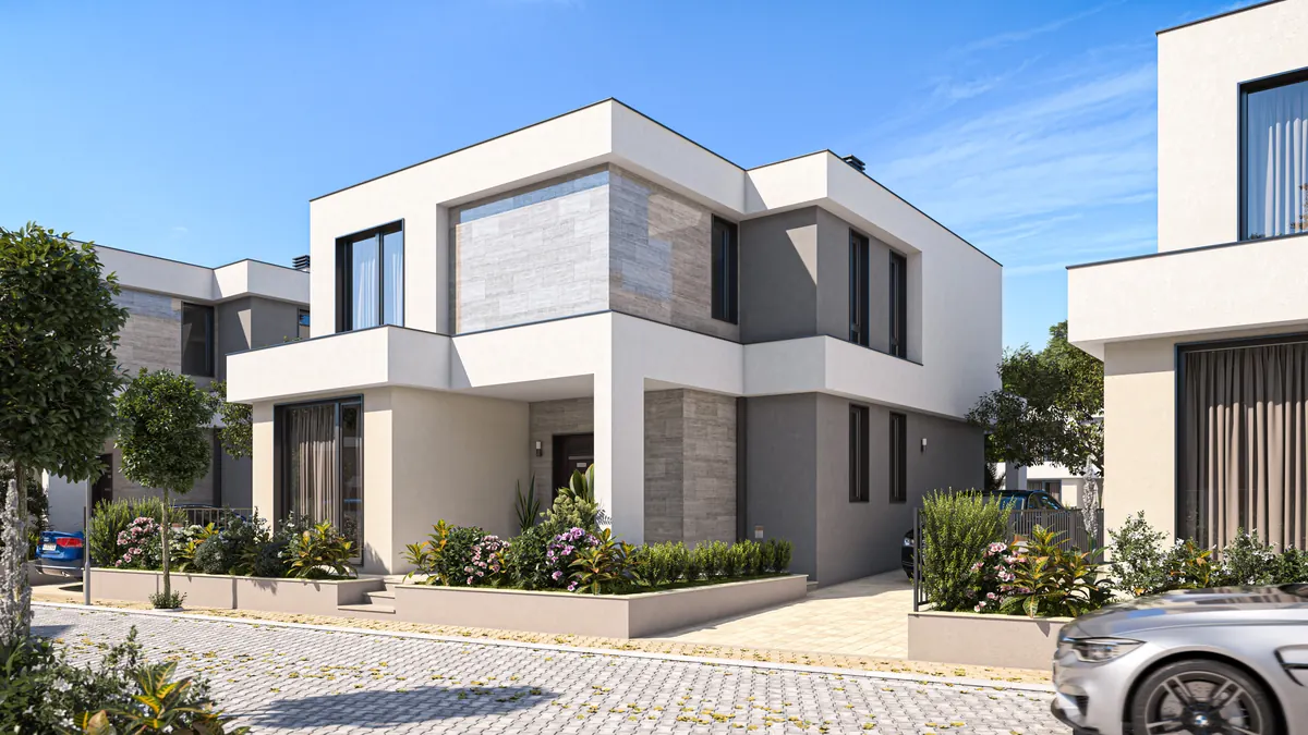 Visualisierung: Eingangsseite einer Villa mit Vordach und Steinverkleidung
