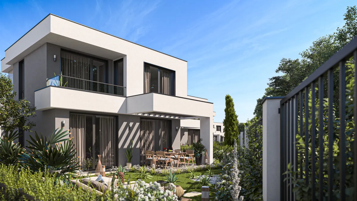 Visualisierung: Villa mit Terrasse unter der Pergola und Balkon